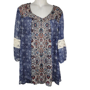 Behind The Seams Women's Blouse Top Size Large Multicolor Boho Sheer Floral Lace